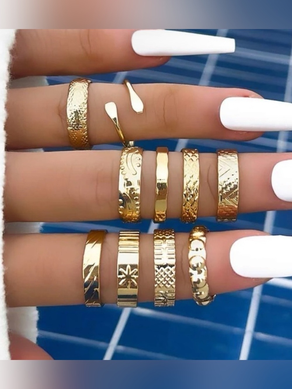 GOLD 10pc Textured Ring Set